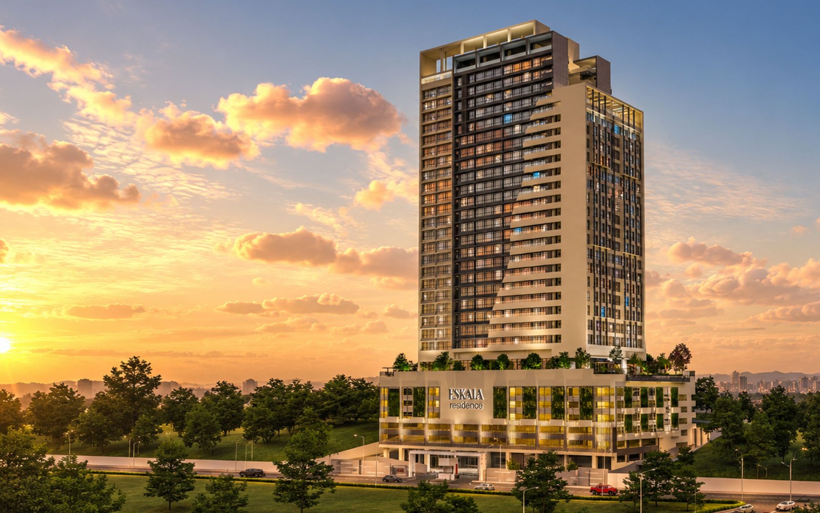 Eskala Residence tower at sunset