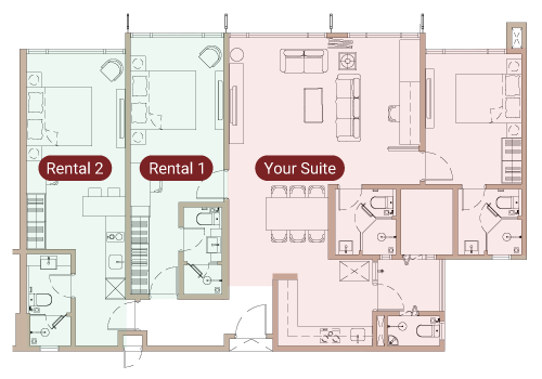 Floor plan — owner suite plus two rental units